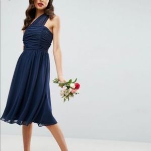 Navy Blue One Shoulder Chiffon Dress